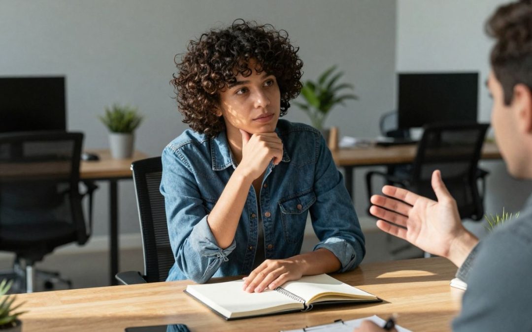 Personen im Coaching-Gespräch mit Notizbuch und Gesten
